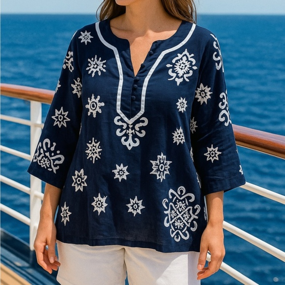 Susan Bristol Linen Dark Blue Tunic with White Details, Sz. 2X